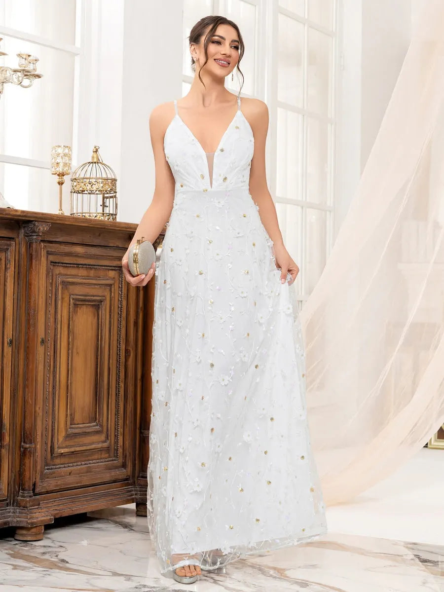 Deep V-neck Wedding Dress Applique Multi-story Maxi Dresses