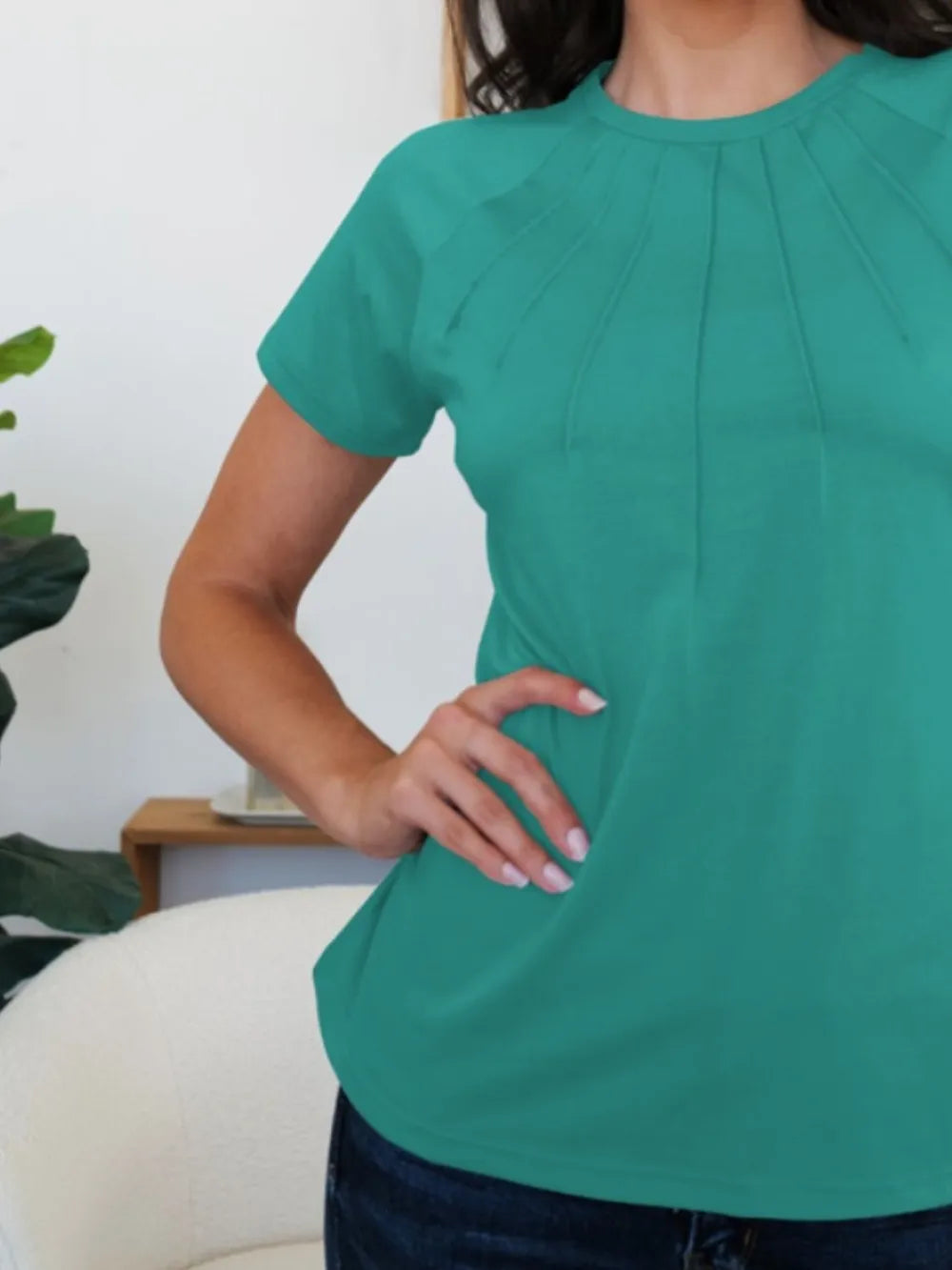 T-Shirt Basic Casual Chic Pleated Slightly Stretchy