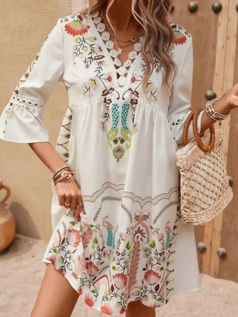 Dress Lace Detail Trendy Printed Semi-Sheer Casual