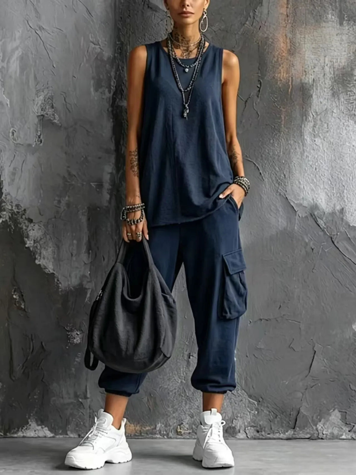 Dark Gray Vest And Jogger Cargo Pants Casual Suit