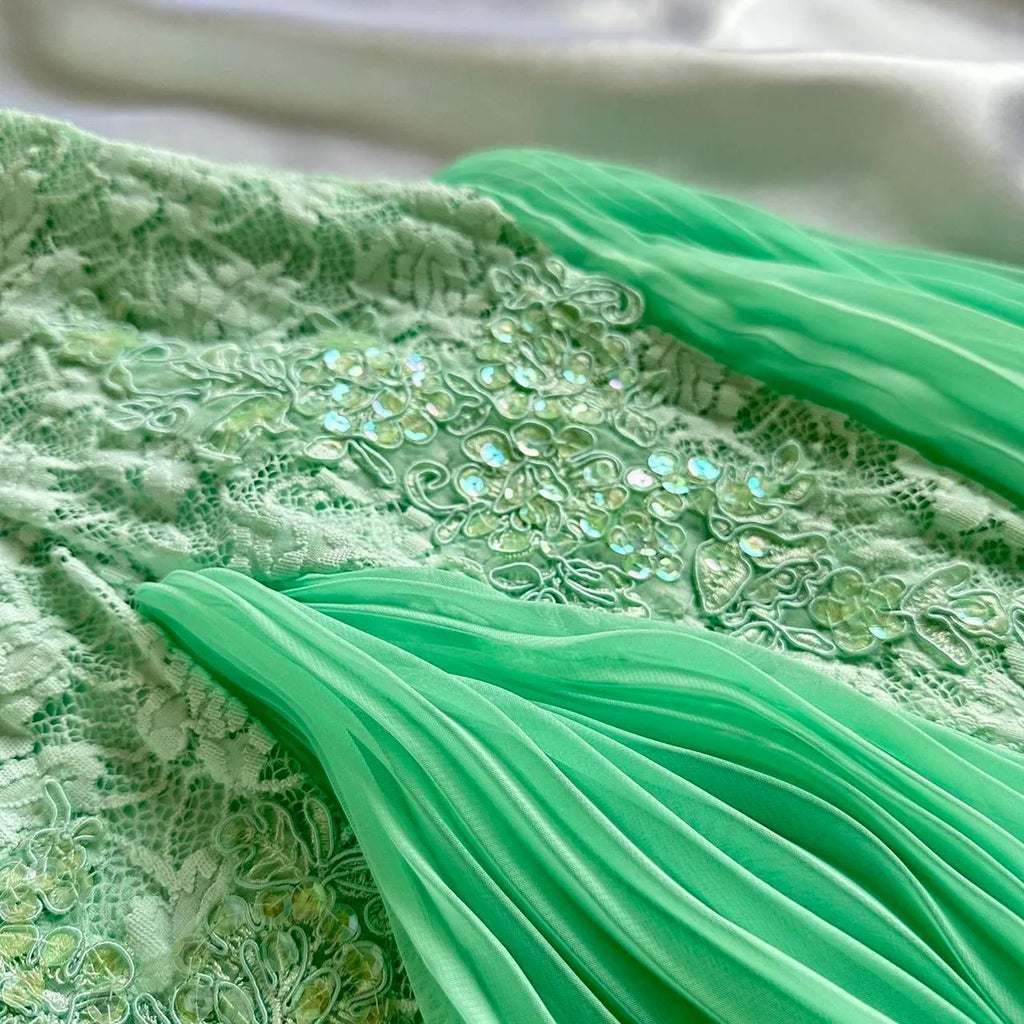 Mint Green Shiny Charming Stunning Unique Fashion Beautiful Elegant Delicate Lace Long Lace Sequin Fairy Ball Gown Evening Gown Birthday Party Gown Prom Gown