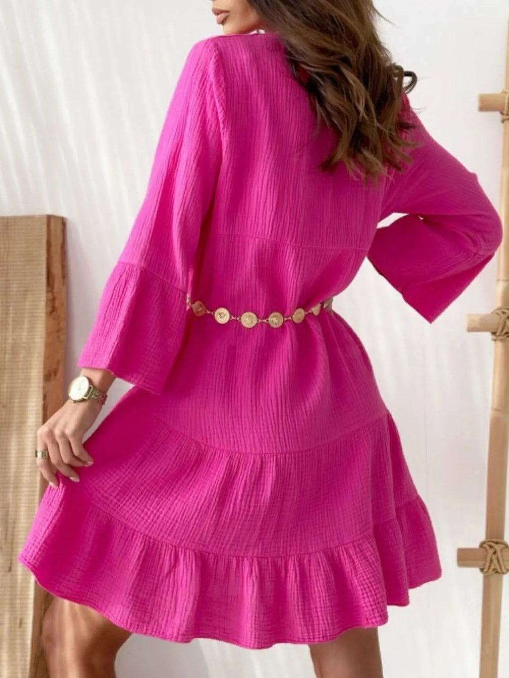 Mini Dress Button Detail Boho Tunic Notched Casual