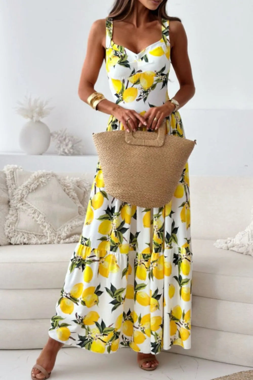 Maxi Dress Sweetheart Neck Casual Lemon Print Beach Resort