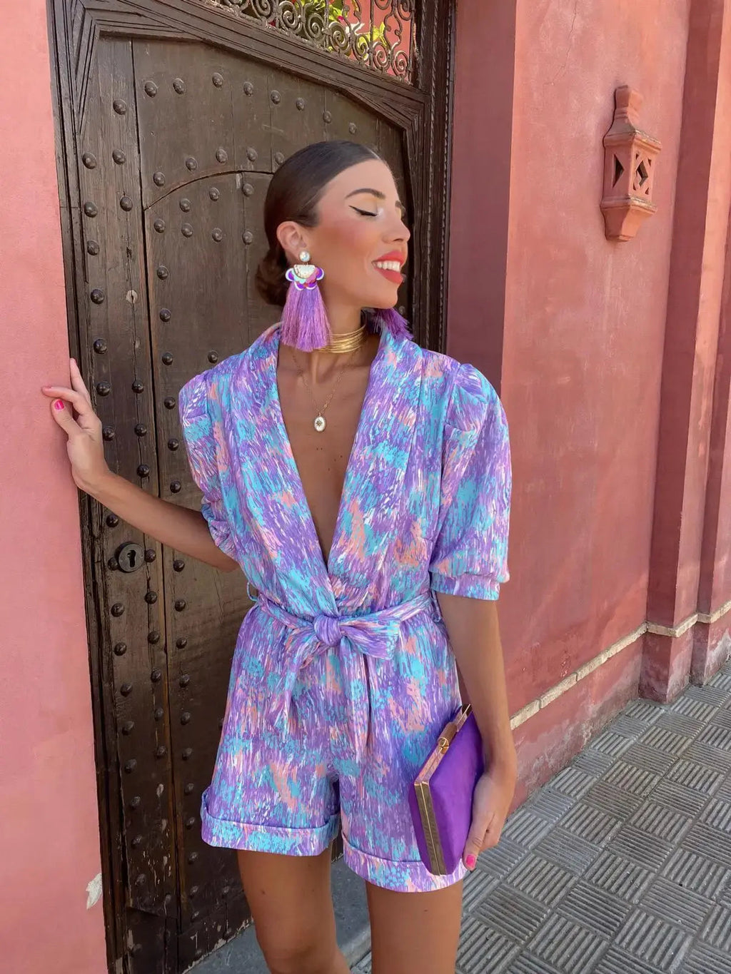 Elegant Women's Playsuit with Print and Tie Belt