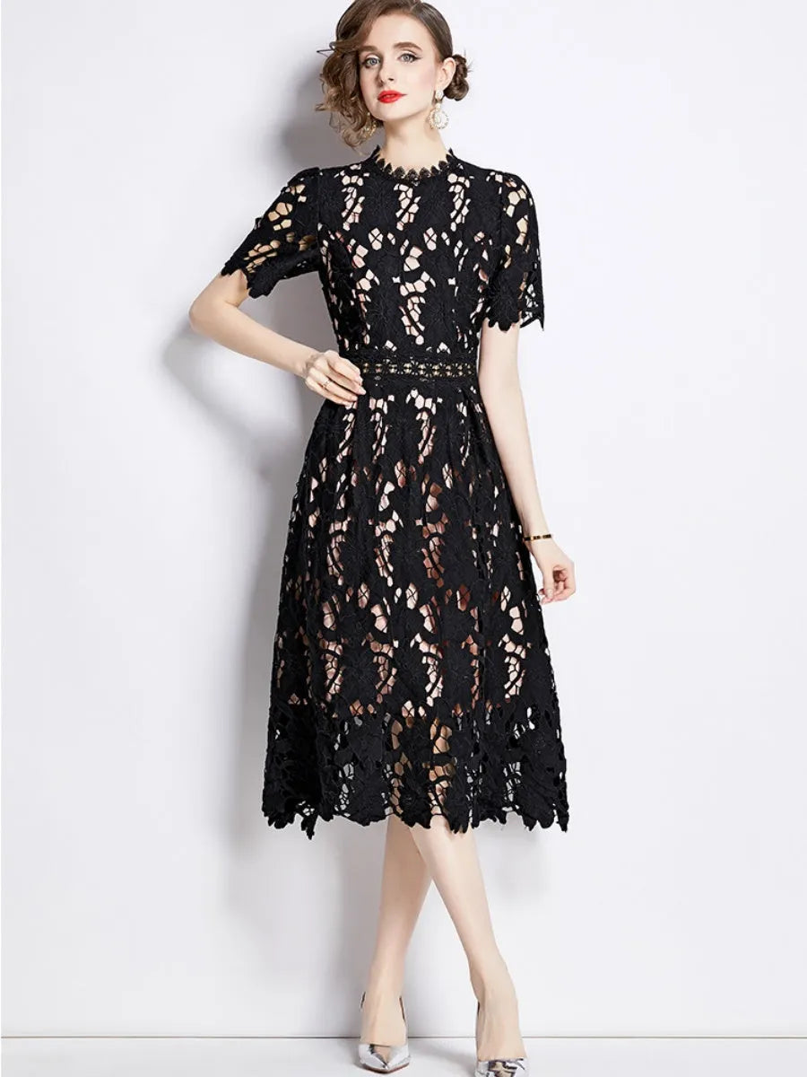Water-soluble Lace Short-sleeved Slim-fit Midi Dress