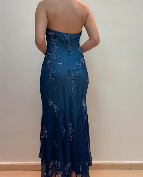 Dark Blue Fairy Mermaid Beaded Long Chiffon Formal Prom Evening Dress Wedding Guest Party Gown Dress Greek Halter Neck