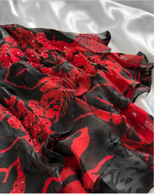 black red floral beaded long chiffon ball gown evening dress elegant chiffon birthday dress party dress