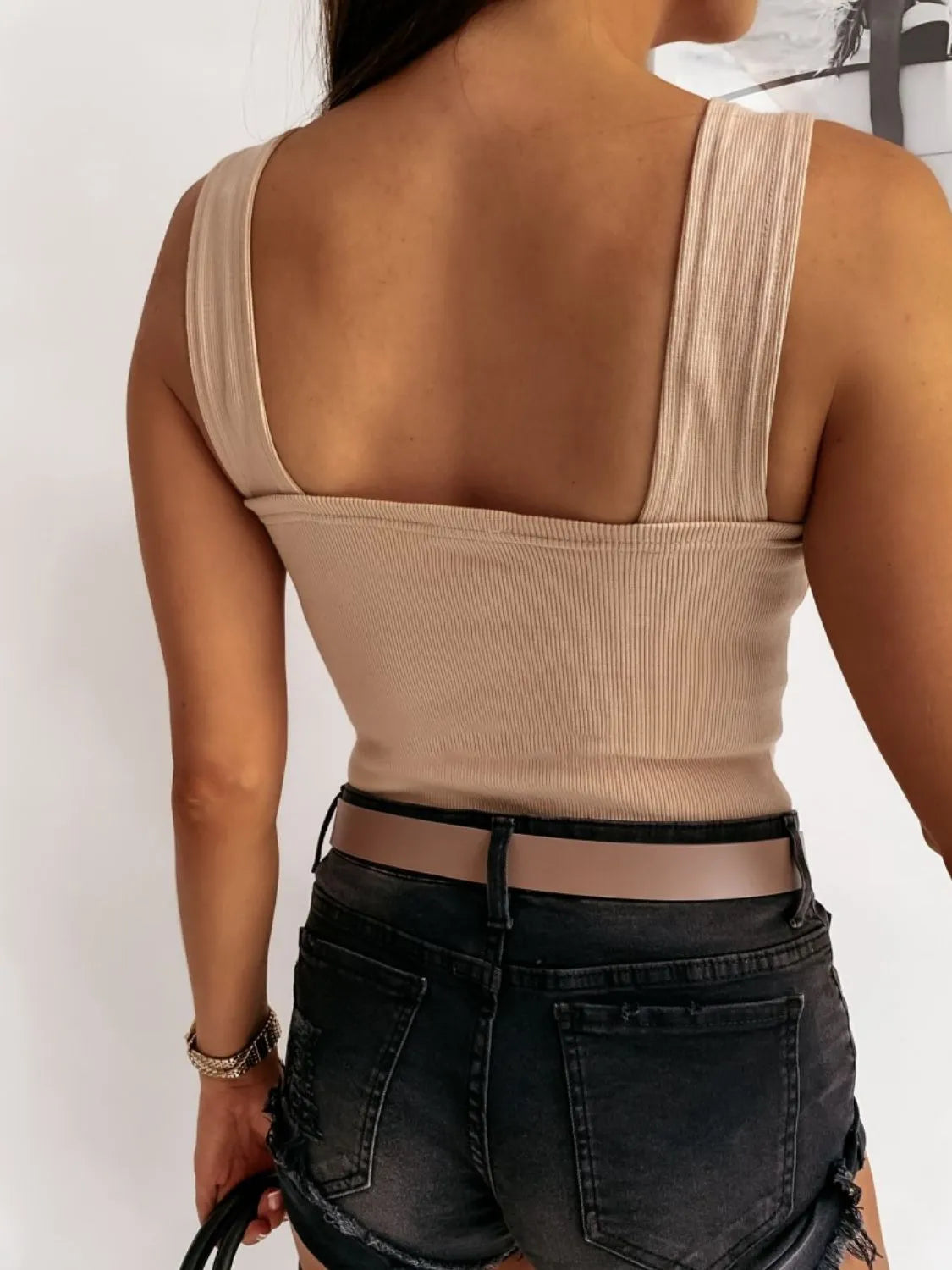 Tank Top Basic Wide Strap Ribbed Knit Slightly Stretchy