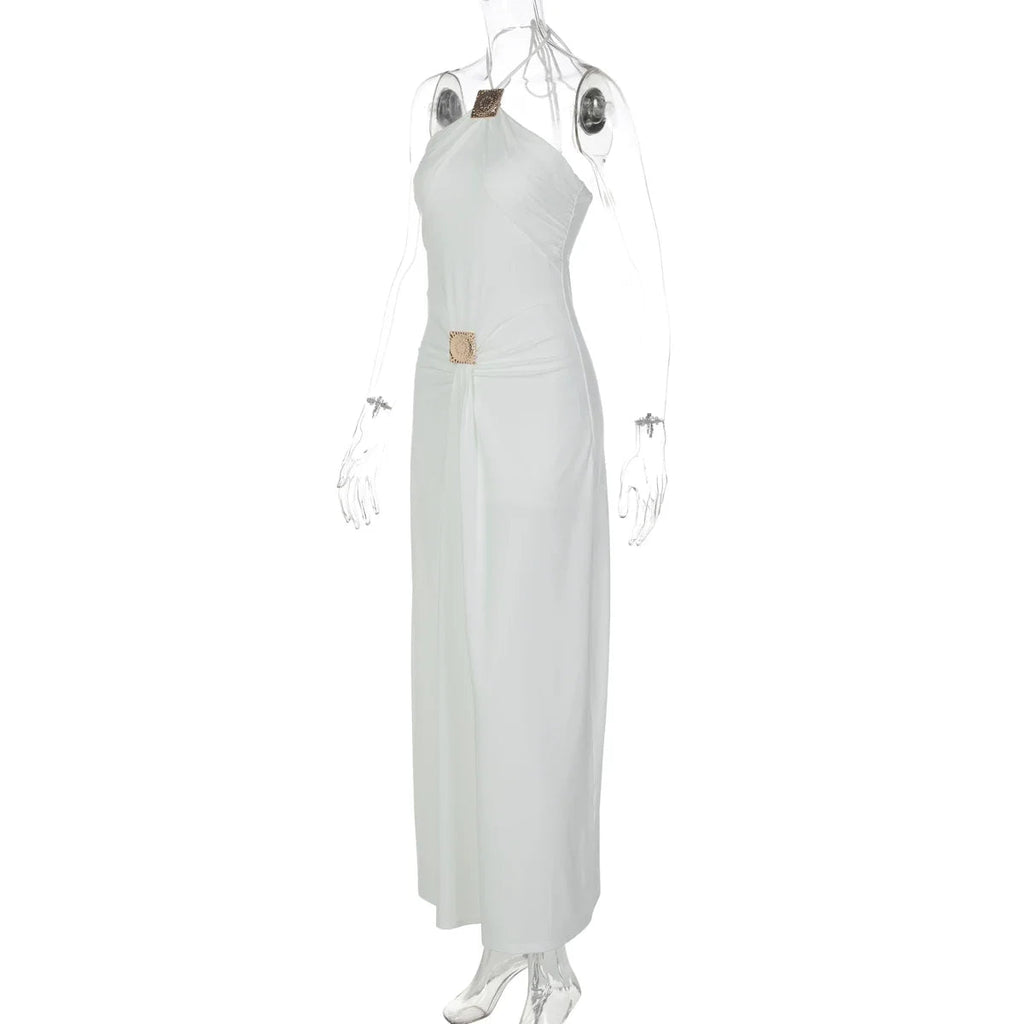 Taylen Halter Metal Ruched Maxi Dress