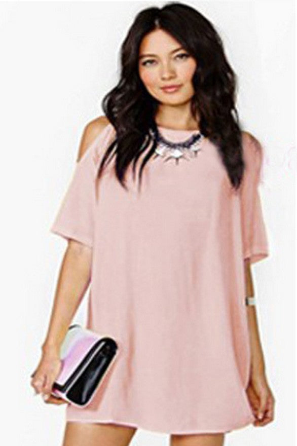 Women Casual Sweet Cool-Shoulder Solid Color Chiffon Loose Dress