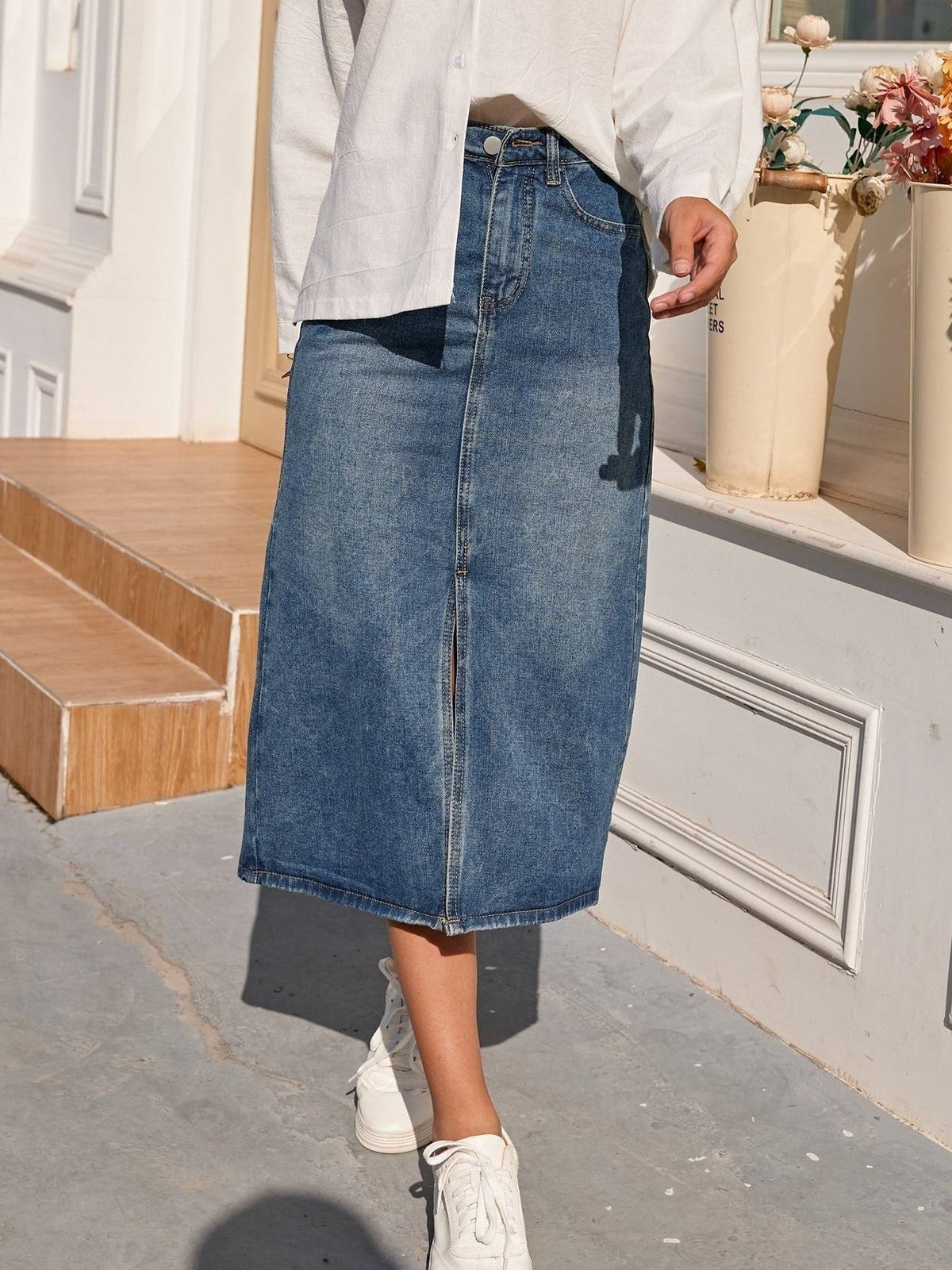 Women's High-Waisted Midi Denim Skirt with Slit
