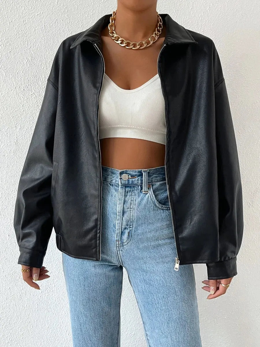 Women's Edgy Faux-Leather Jacket with Dropped Shoulders