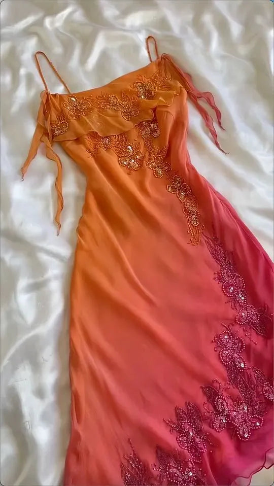 Orange Gradient Exquisite Beaded Spaetti Strap Midi Chiffon Slim Ball Gown Evening Dress Party Dress Prom Dress
