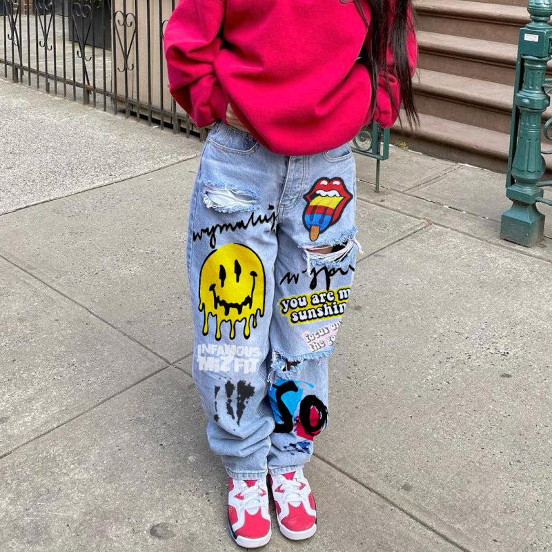 Women Casual Smiley Cartoon Print Ripped Jeans
