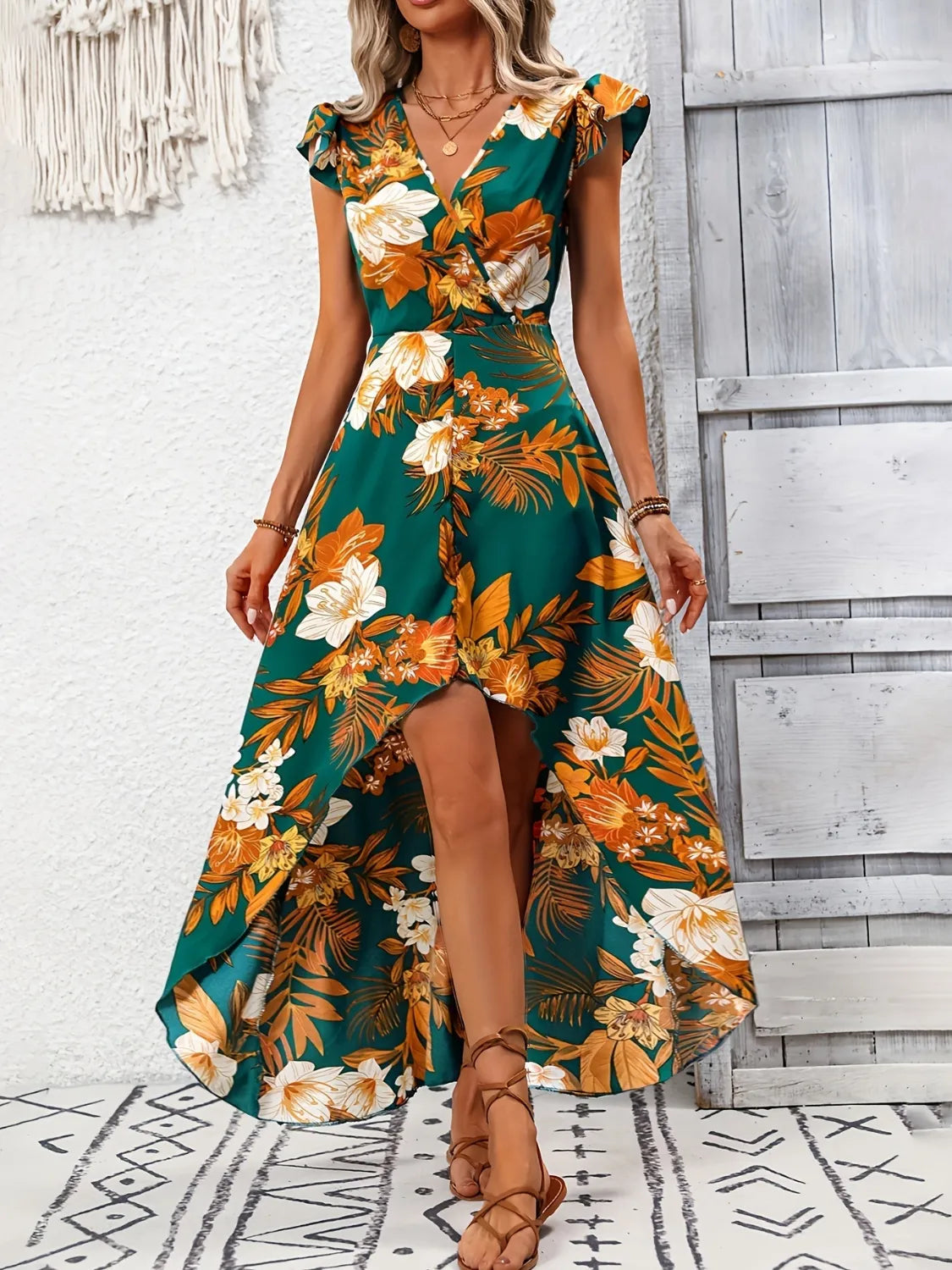 Maxi Dress High-Low Floral Comfort Cap Sleeves Summer Style