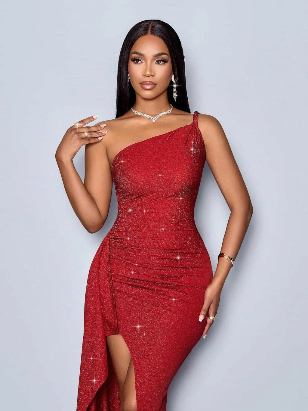 Asymmetrical Shoulder Straps Sequins High Side Split Ruffles Maxi Dresses