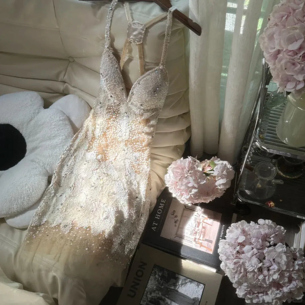 Ivory White Beaded Shiny Sequin Short Chiffon Homecoming Dress Prom Dress Party Dress