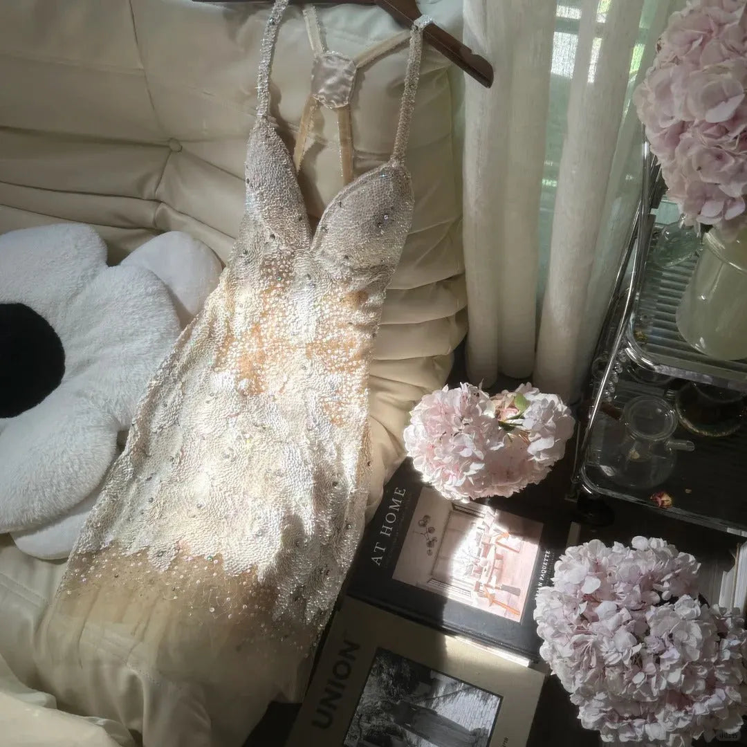 Ivory White Beaded Shiny Sequin Short Chiffon Homecoming Dress Prom Dress Party Dress