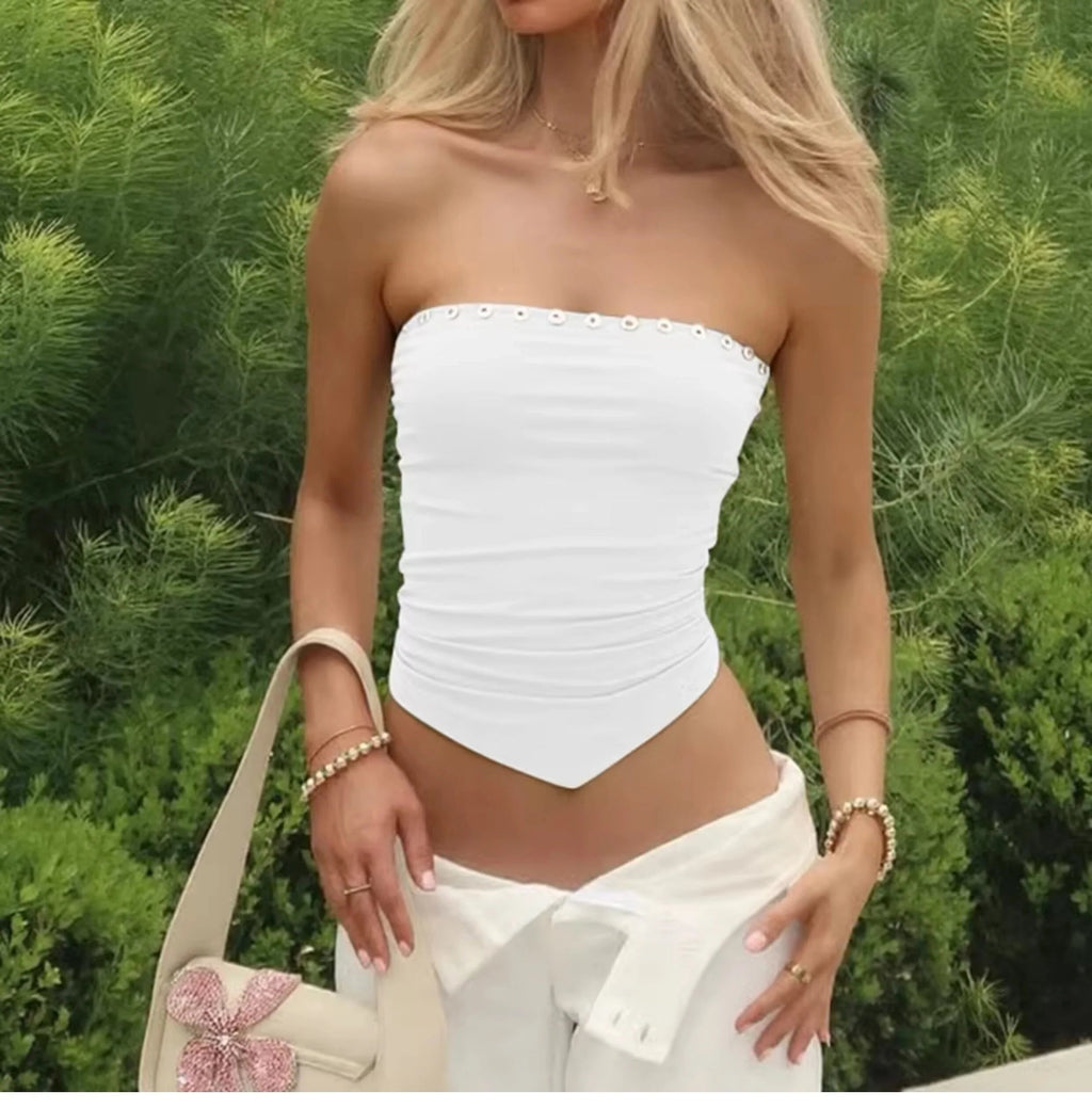 Pleated Button Trim Tube Top