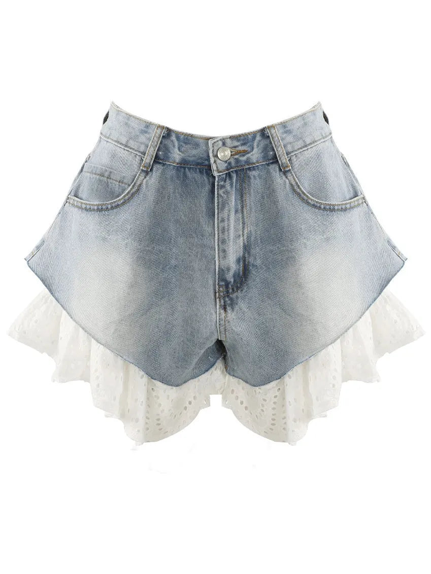 Straight-leg Patchwork Lace Denim Shorts