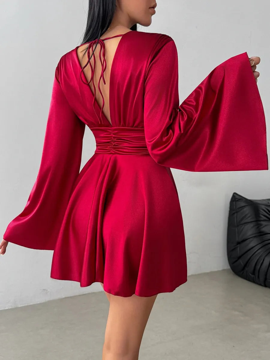 V-neck Long Sleeve Flared Sleeves Mini&Short Dresses