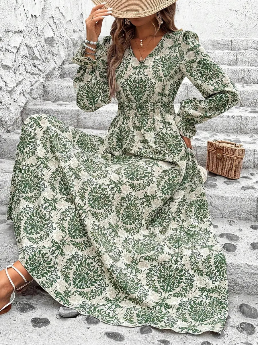 Floral Long Sleeve Square Collar Vacation And Leisure Maxi Dresses