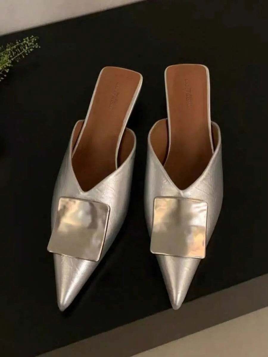 Elegant Pointed Toe Mule Sandals with Metal Buckle - Perfect for Fall-Winter 2025 Party Wear