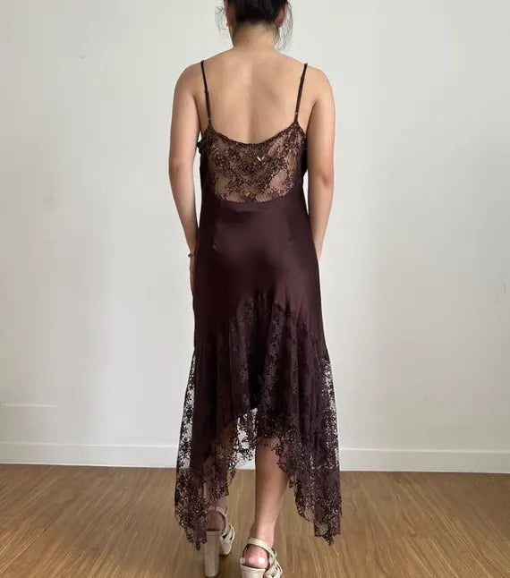 Brown Vintage Elegant Exquisite Floral Beading Spaetti Strap Long Satin Lace Ball Gown Evening Dress Birthday Party Dress Prom Dress