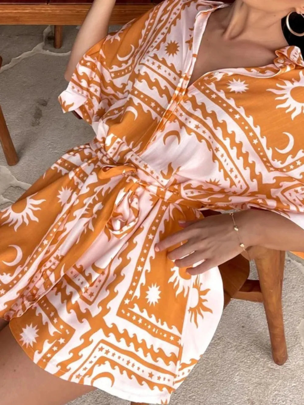 Printed Romper – Tie Waist with Half Sleeves