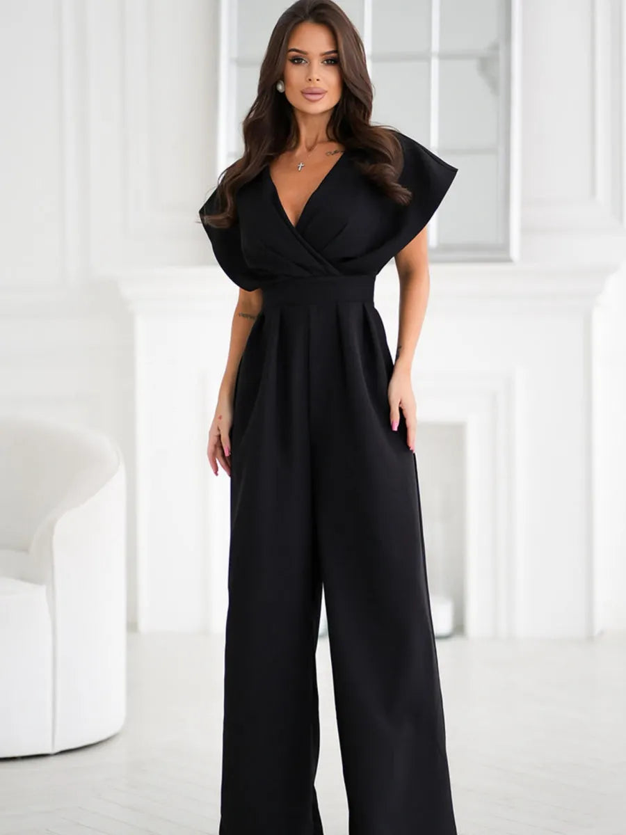V-neck Commuting Wide Leg Jumpsuits