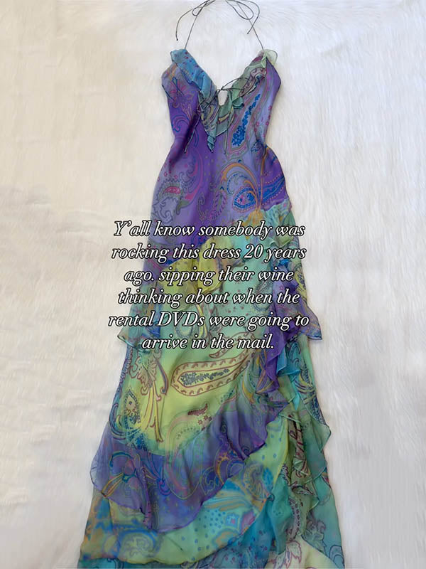 flower printed Gradient Color Splicing Sleeveless Spaghtti-Neck asymmetric ruffled chiffon Maxi Dresses