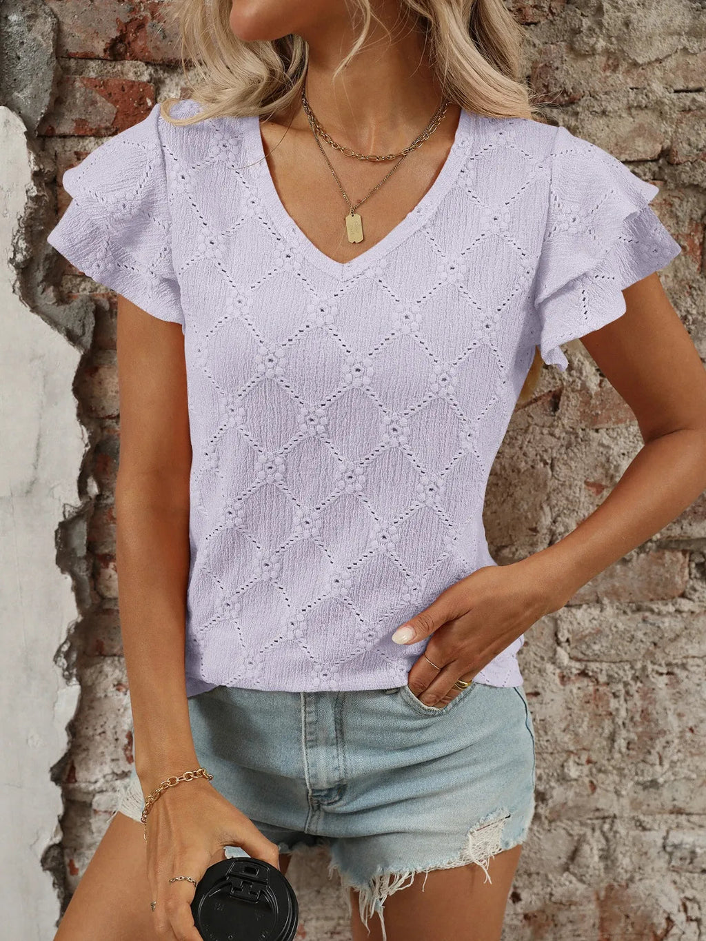 Blouse Top Boho Eyelet Ruffled Cap Sleeve Soft Knitwear