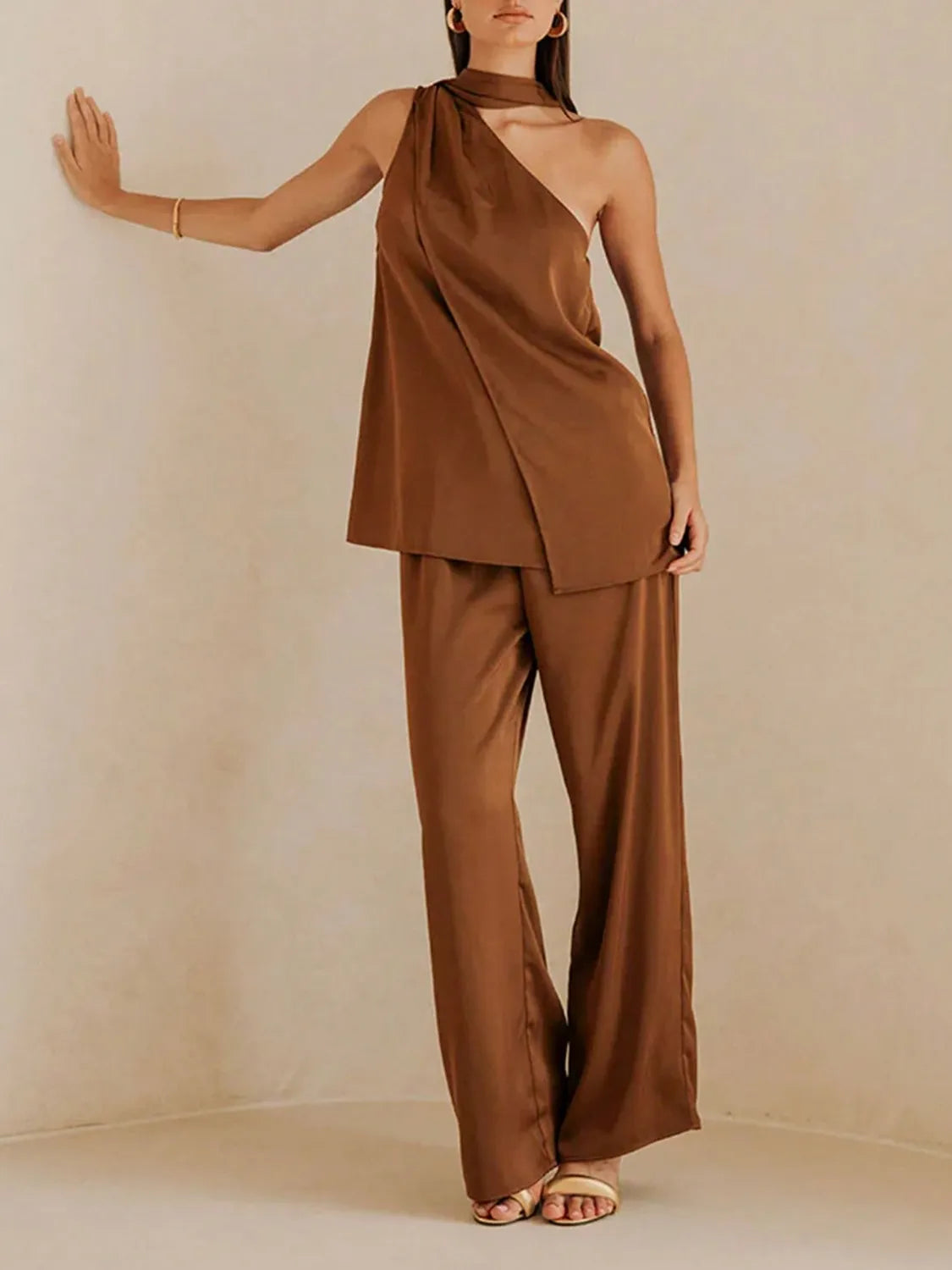 Two-Piece Elegant Casual One-Shoulder Top & Wide Leg Pants