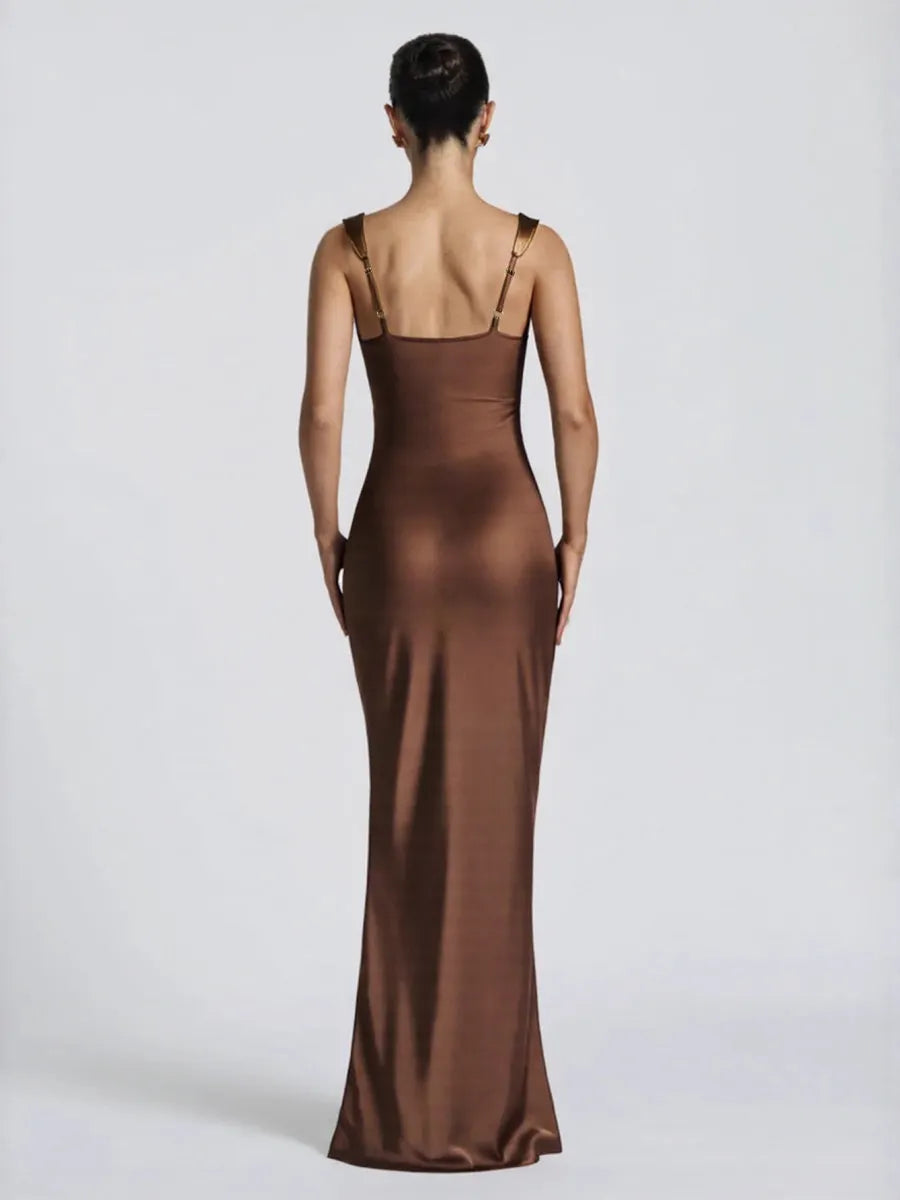 Dark Brown Satin Square Collar Pleated Maxi Dresses