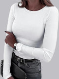 Pit Strip Long Sleeve Elastic Crew Neck Ribbed Slim Fit Basic T-shirts