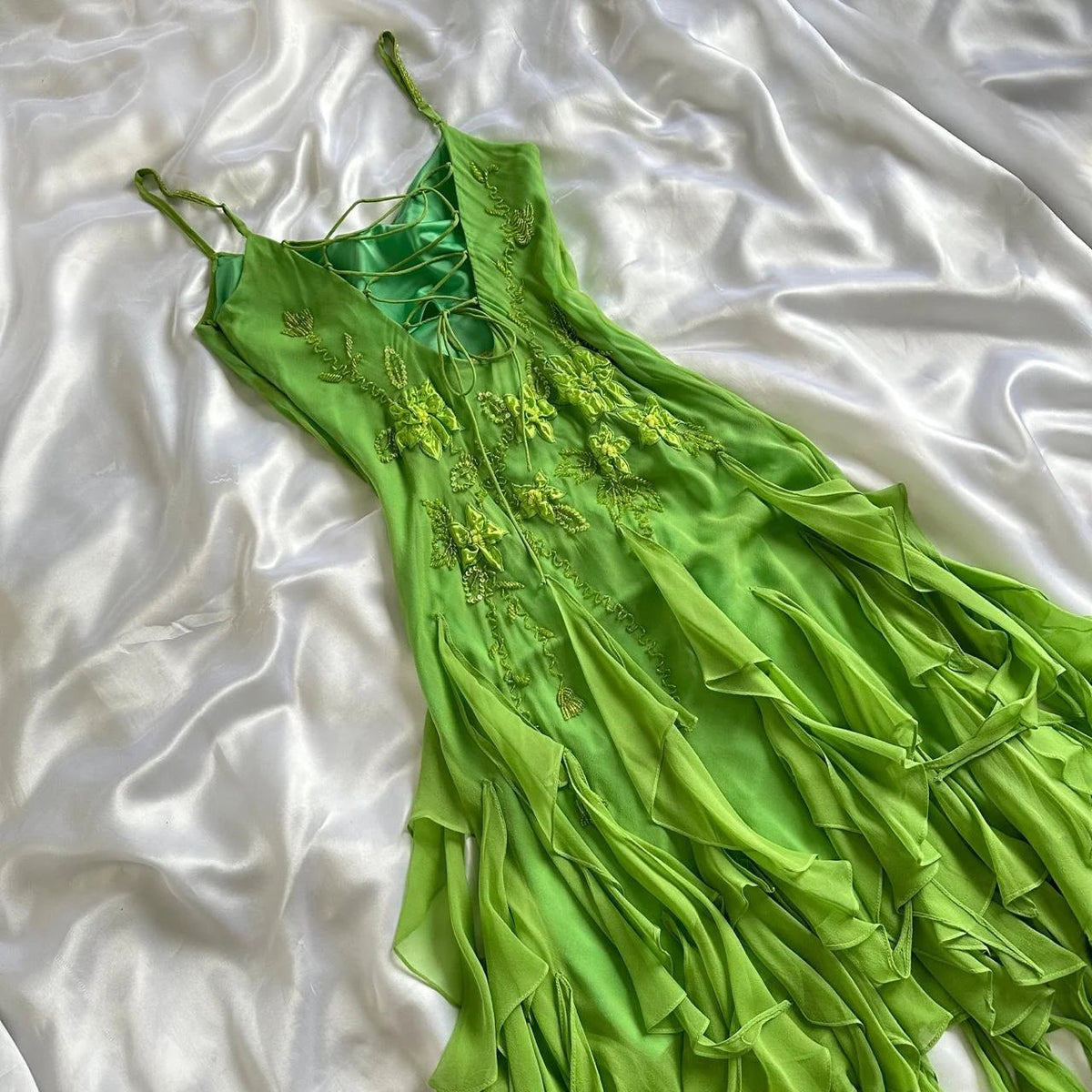 Green flowers exquisite beaded short/mid-length chiffon ruffle homecoming dress birthday party dress