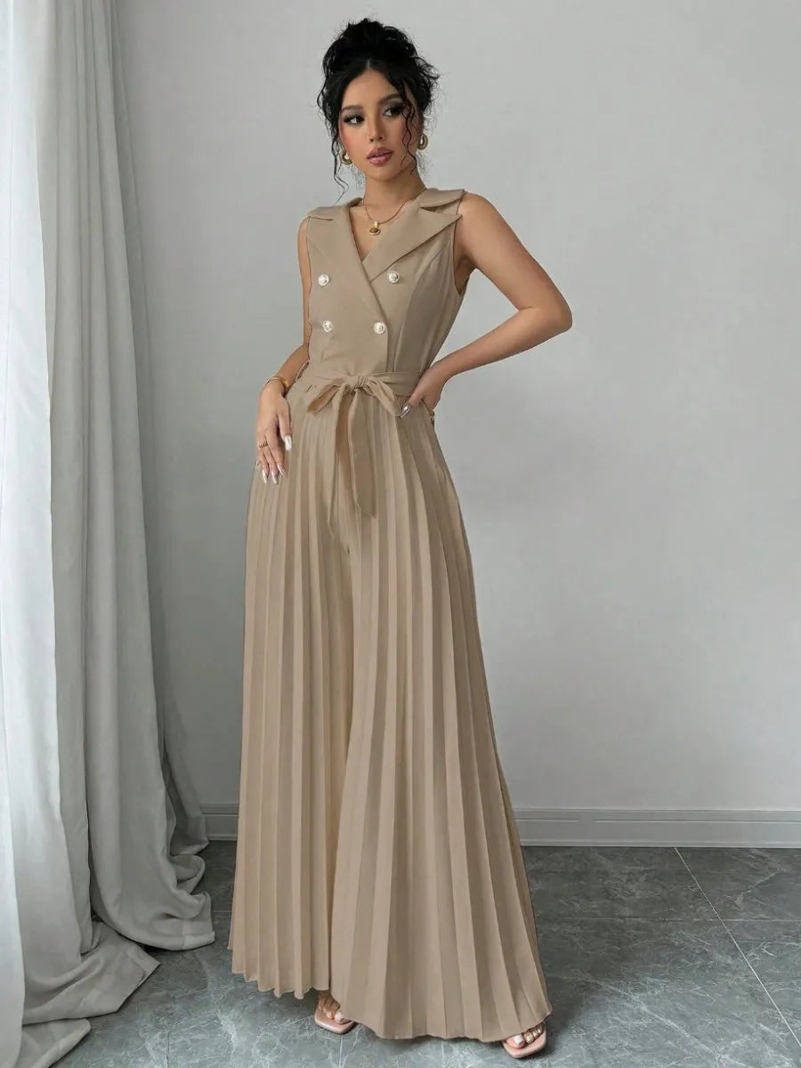 Commuting Suit Collar Pleated Pants Double-breasted Jumpsuits