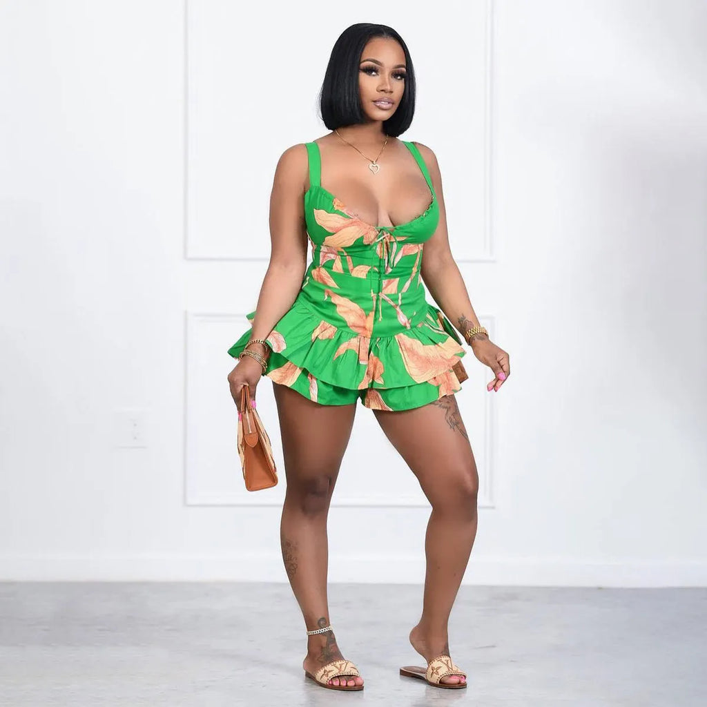 Women Fashion Casual Floral Printed Zipper Tank Top Ruffled Shorts Two-Piece Set