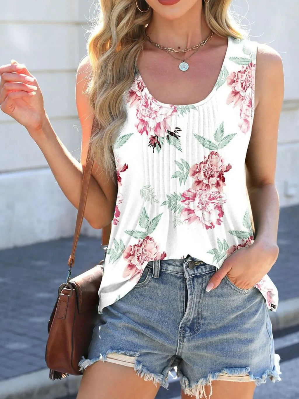 Tank Top Pleated Floral Print Casual Elegant Party