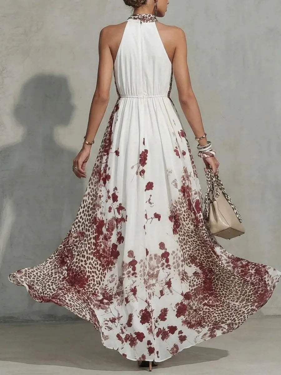 Floral Leopard Print Turtleneck Sleeveless Temperament Vacation Maxi Dresses