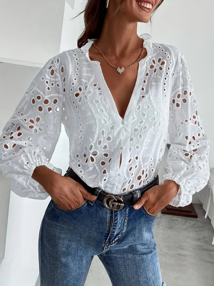 White Long-sleeved V-neck Lace Shirts