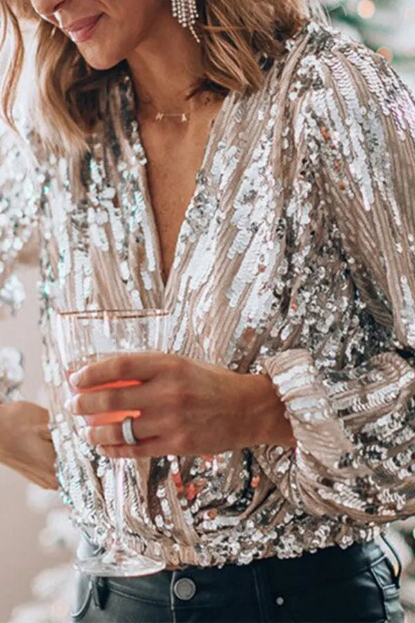 Women's Glamorous Sequin Blouse with Wrap Design and Puff Sleeves