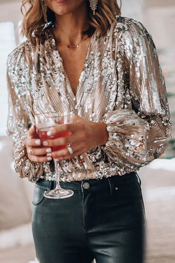 Women's Glamorous Sequin Blouse with Wrap Design and Puff Sleeves