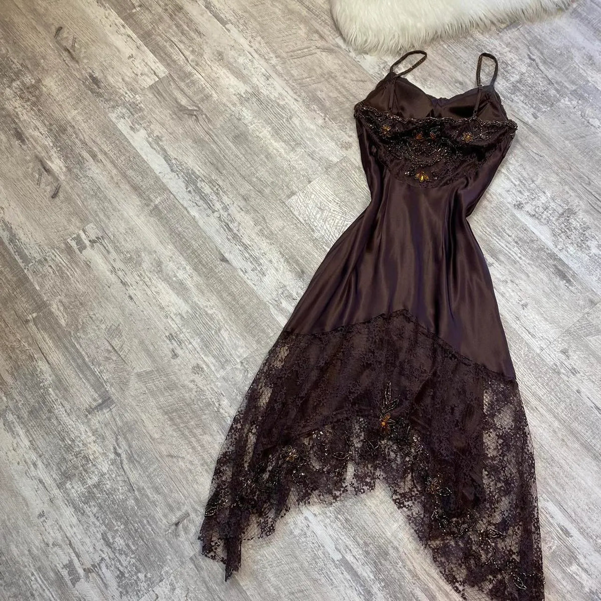 Brown Vintage Elegant Exquisite Floral Beading Spaetti Strap Long Satin Lace Ball Gown Evening Dress Birthday Party Dress Prom Dress
