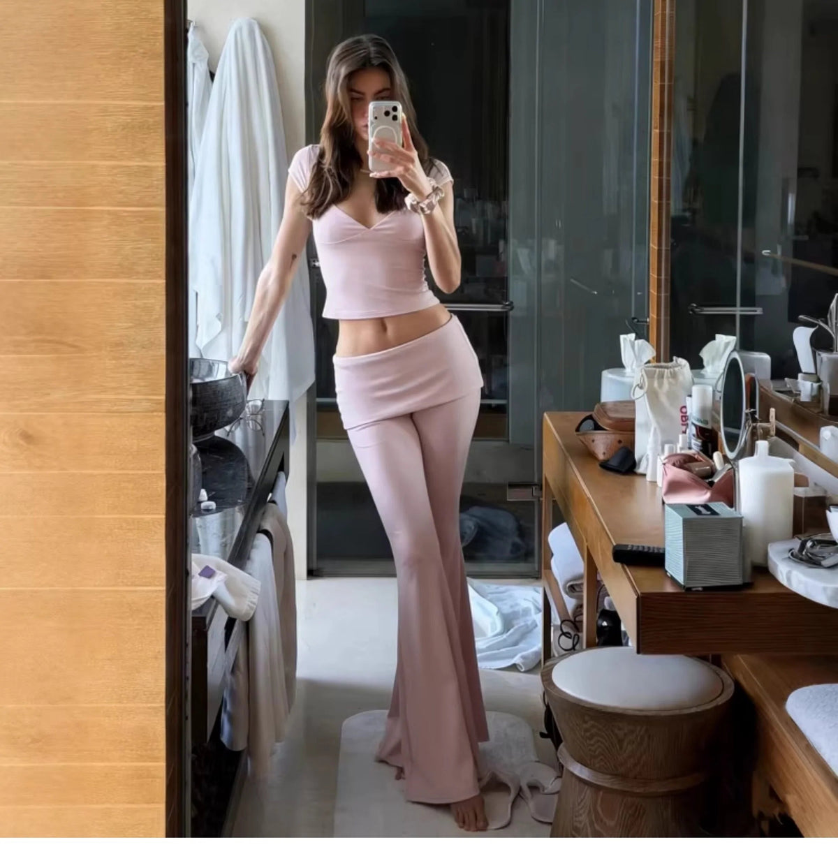V-Neck Top & Flared Pants Set
