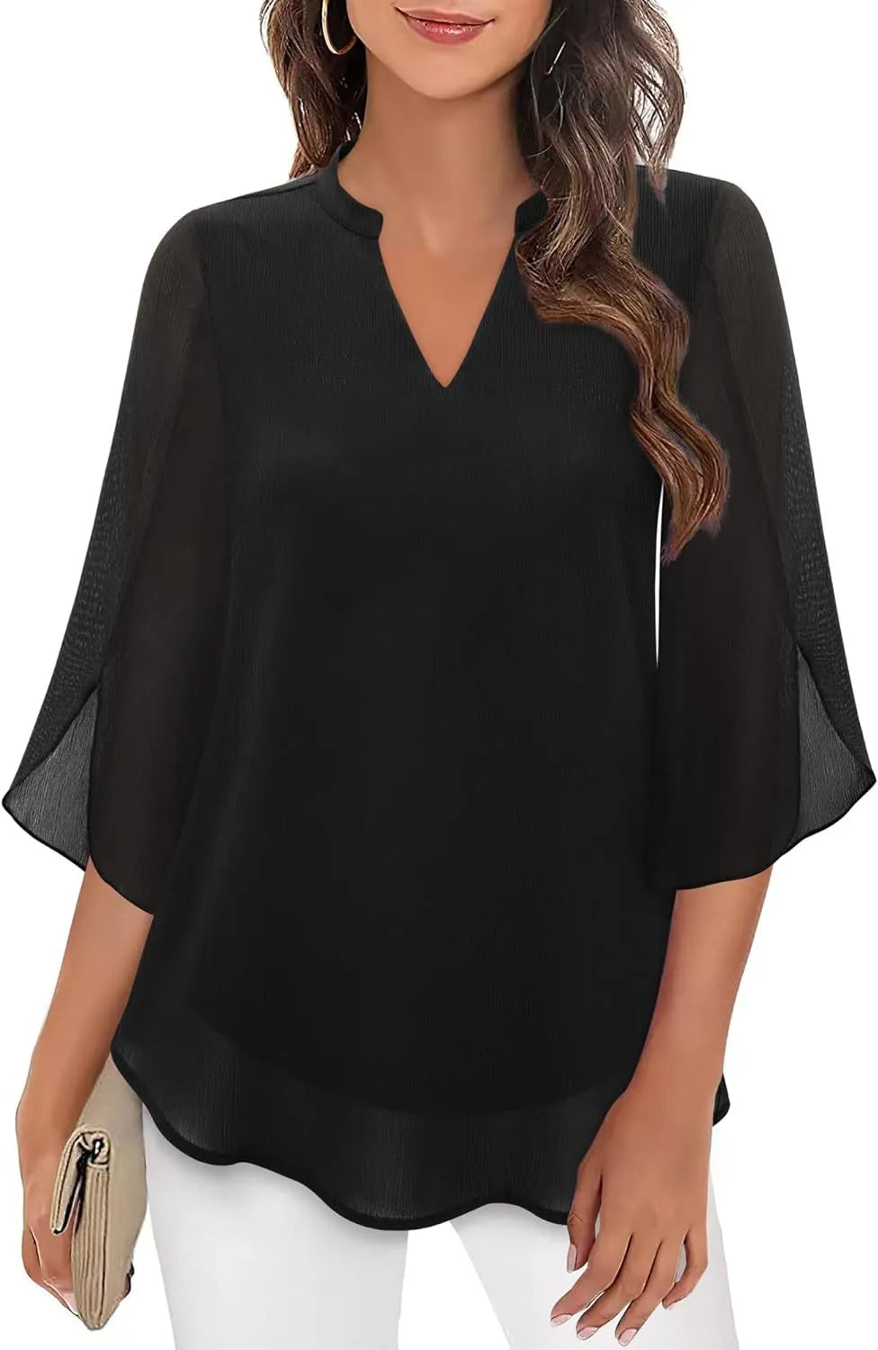 Airy Loose-Fitting Blouse for Women with Split Neck and Three-Quarter Sleeves