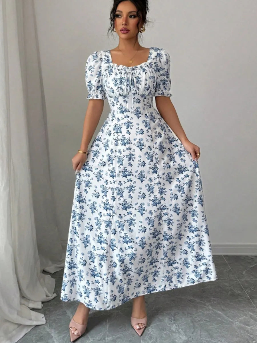 Floral Short Sleeve Square Collar Ruffle Vacation And Leisure Maxi Dresses