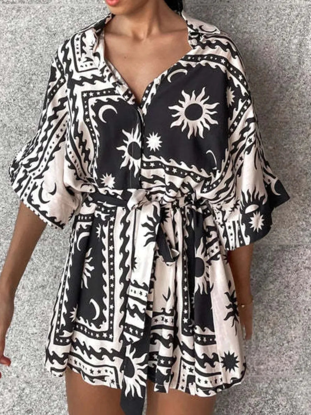 Printed Romper – Tie Waist with Half Sleeves