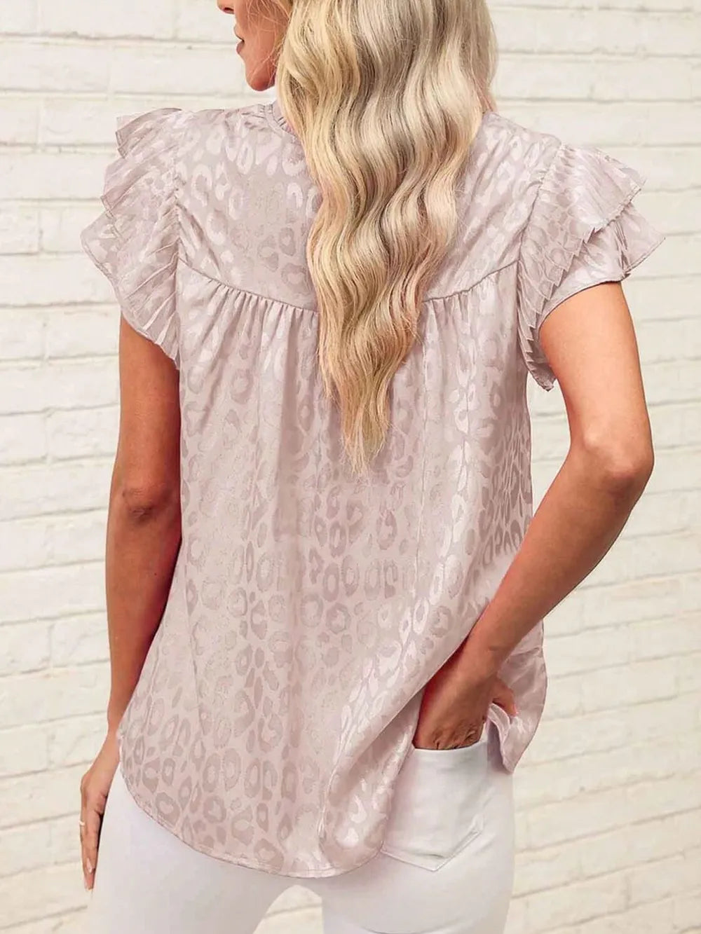 Blouse Top Leopard Print Ruffled Cap Sleeve Versatile