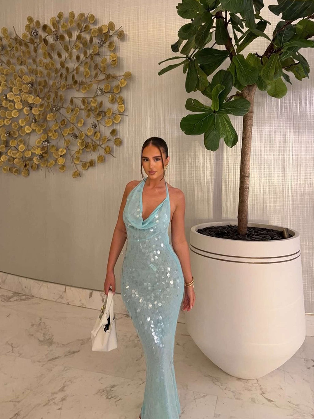 Blue Glitter Maxi Gala Dress with Halter Neck and Waterfall Neckline